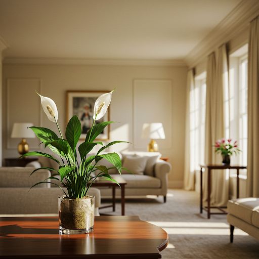 Peace Lily with white flowers and dark green foliage